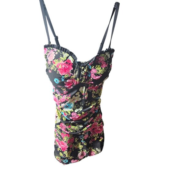 Shore Shapes Swimwear Black Floral Ruched one peiceswimsuit With Adjustable Spag - Picture 1 of 9
